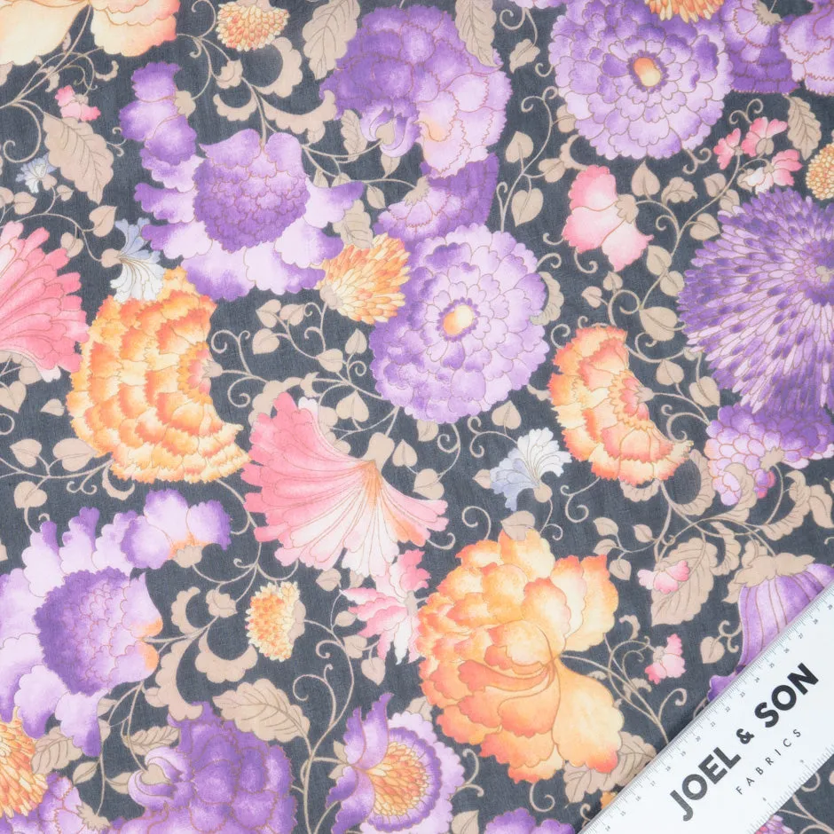 Orange & Purple Floral Printed Black Pure Silk Chiffon