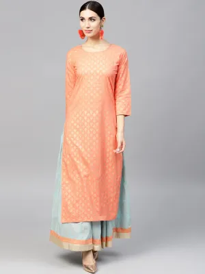 Orange printed 3/4th sleeve cotton kurta set with Printed Light Blue Palazzo