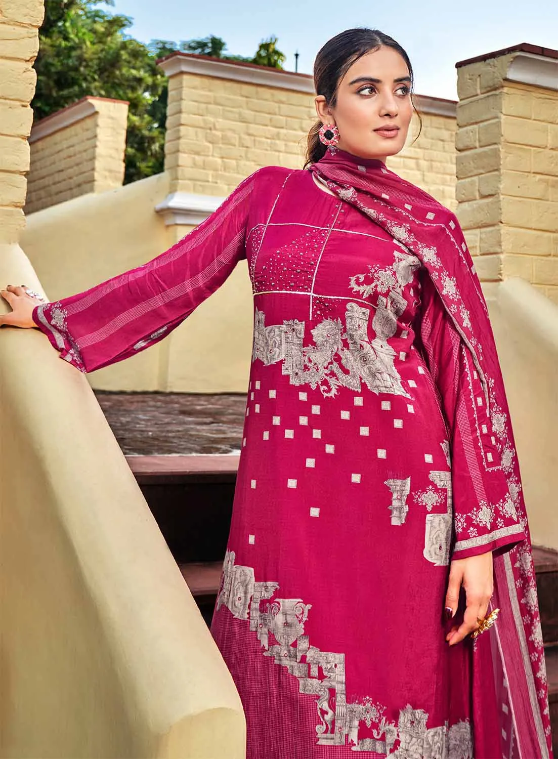 Party Wear Pure Muslin Unstitched Pink Salwar Suit Material for Women