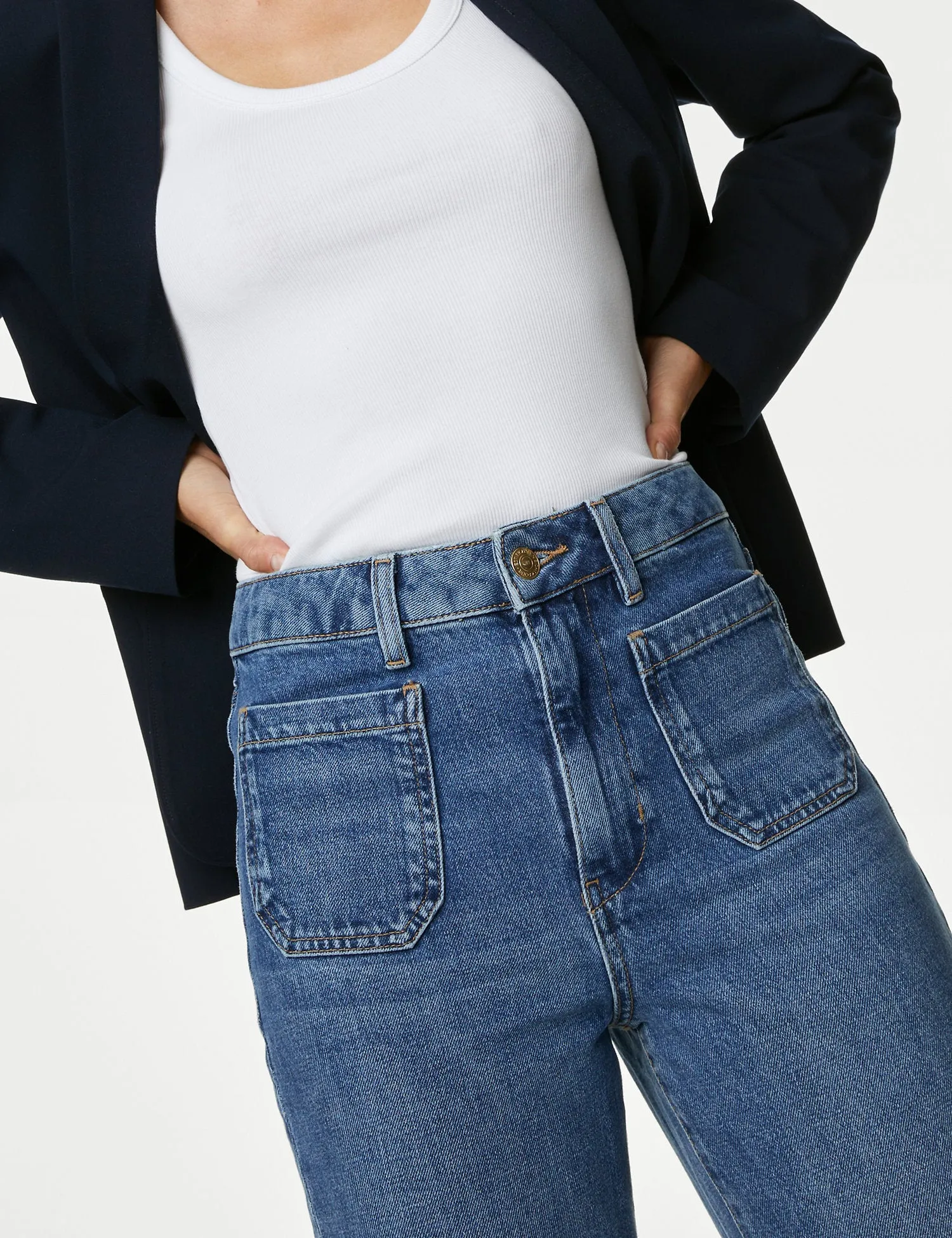 Patch Pocket Flare High Waisted Jeans