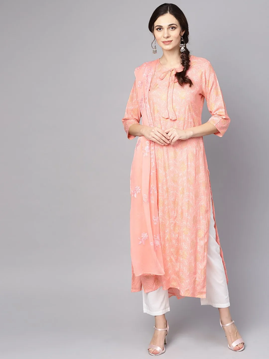 Peach printed 3/4th sleeve kurta with dupatta and white palazzo