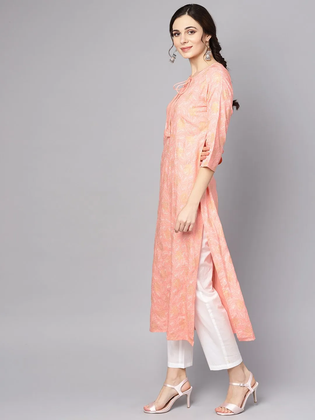 Peach printed 3/4th sleeve kurta with dupatta and white palazzo