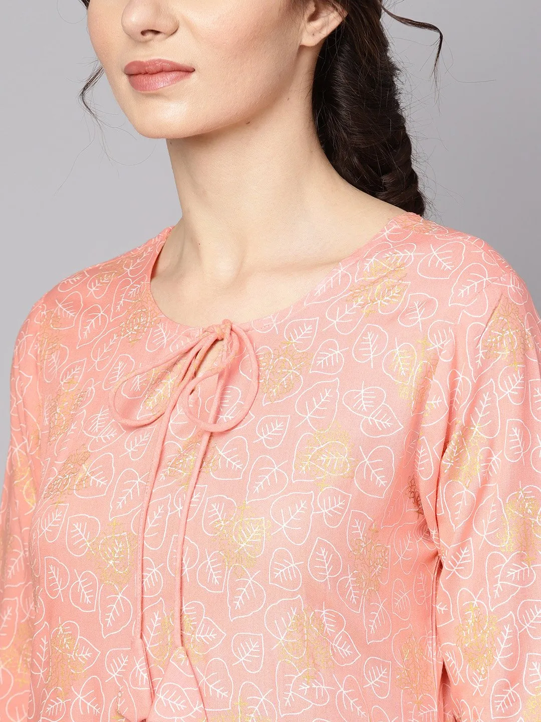 Peach printed 3/4th sleeve kurta with dupatta and white palazzo