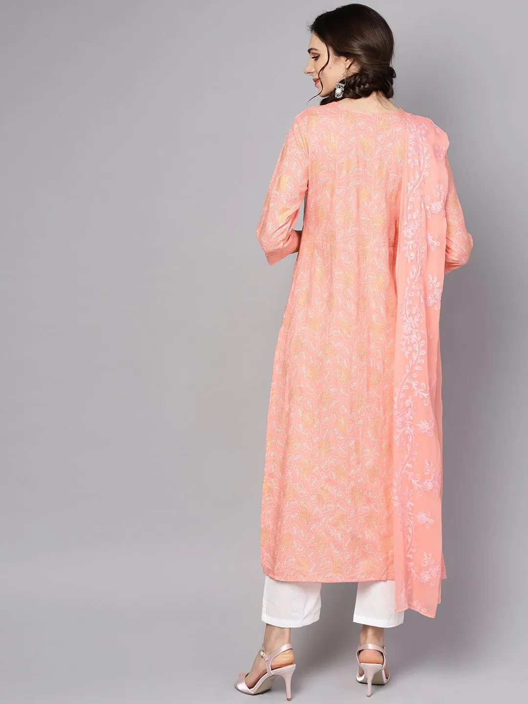 Peach printed 3/4th sleeve kurta with dupatta and white palazzo