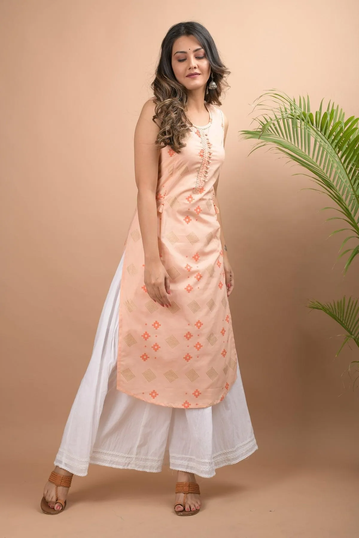 Peach Sleeveless Kurta Sharara Set