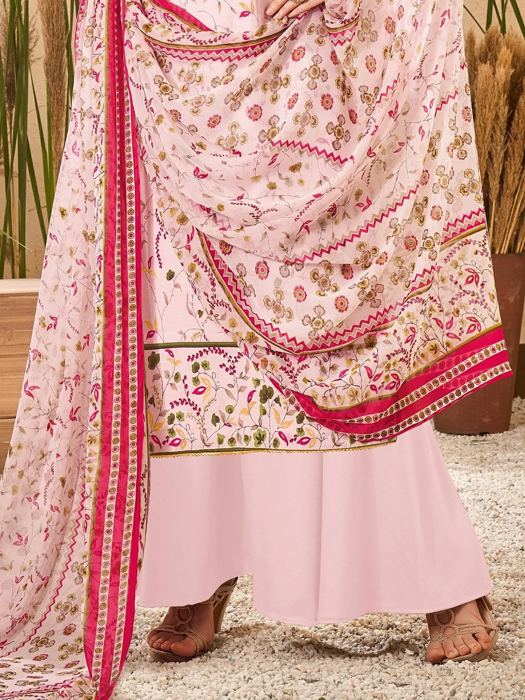 Pink Viscose Silk Unstitched Suit with Chiffon Dupatta