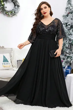 Plus Size Black V Neck Half Sleeves Embroidered Maxi Dress