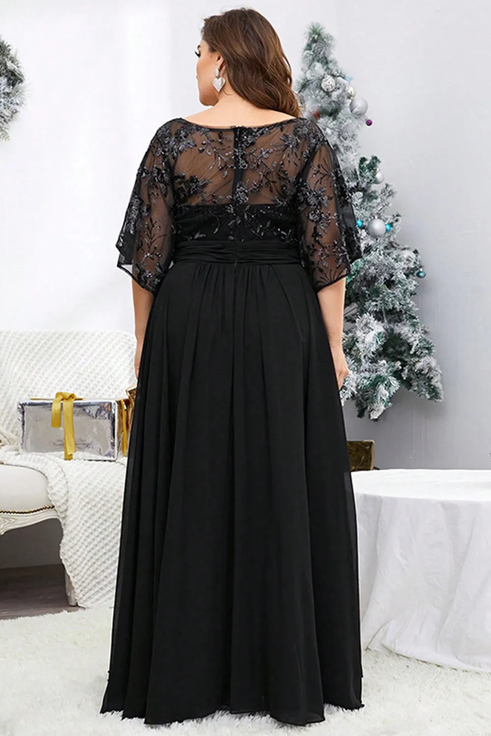 Plus Size Black V Neck Half Sleeves Embroidered Maxi Dress