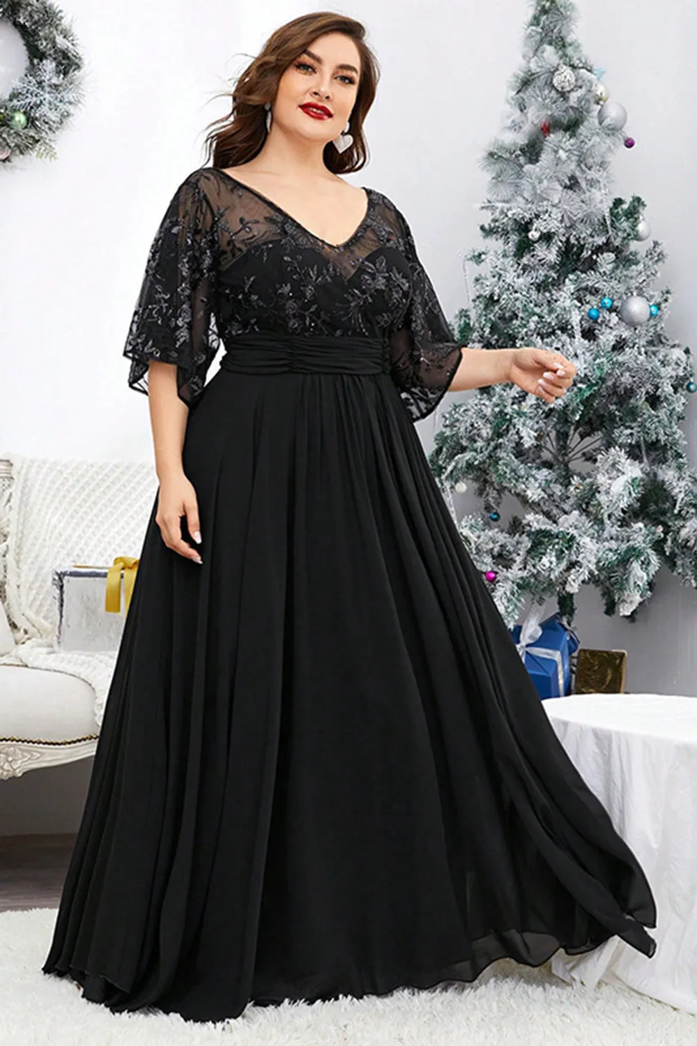 Plus Size Black V Neck Half Sleeves Embroidered Maxi Dress