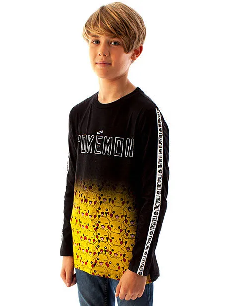 Pokemon Pikachu Fade Long Sleeve Boy's T-Shirt- Black