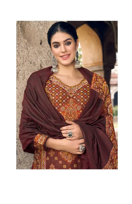 Pure Handloom Weaving Pashmina Brown Maroon Winter Suits Set