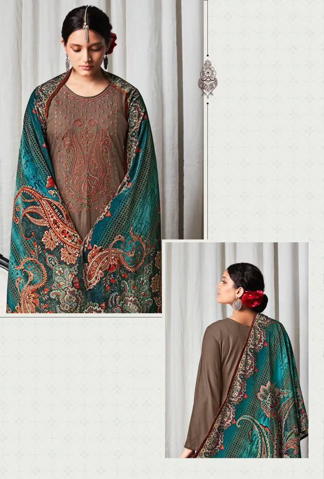 Pure Viscose Staple Pashmina Brown Unstitched Winter Suits with Velvet Dupatta