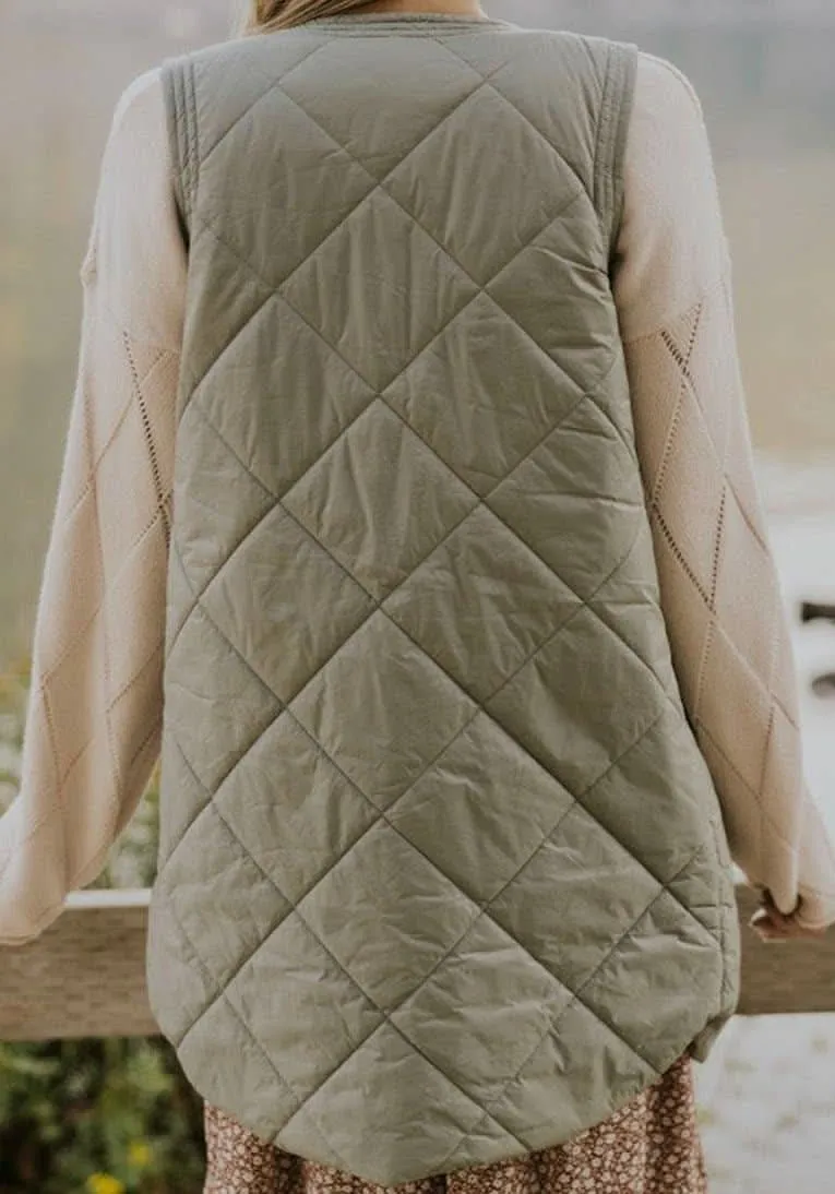 Quilted Long Vest Jacket with Pockets