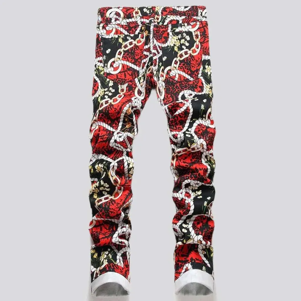 Red print painted jeans
 for men