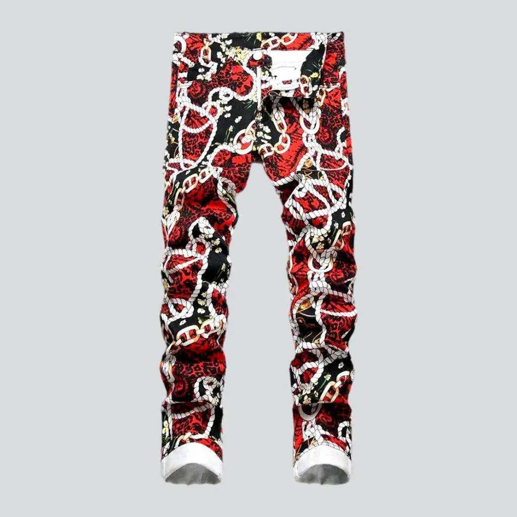 Red print painted jeans
 for men