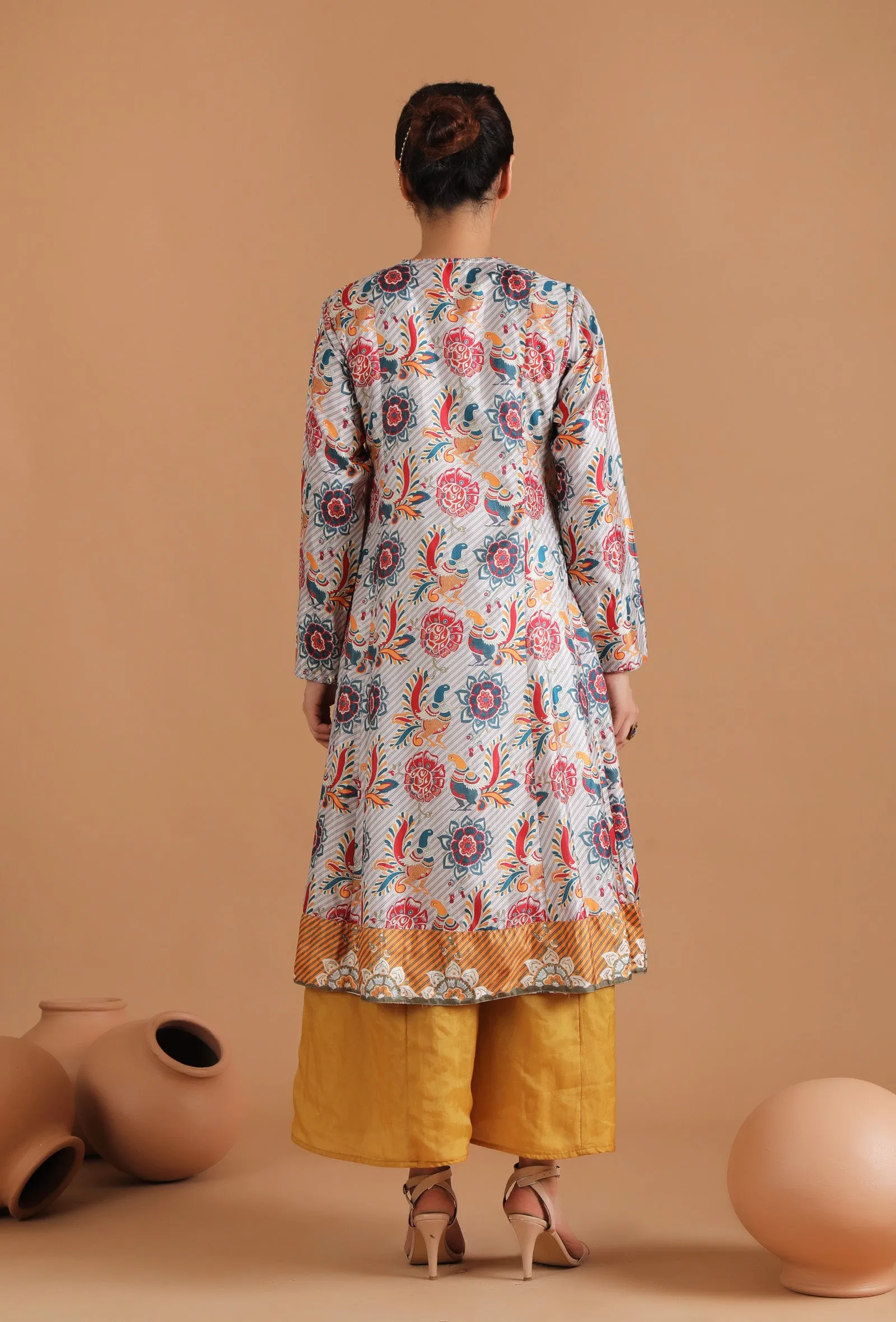 Set Of 2: Nayantara Allover Kalamkari Flared Kalidar Kurta With Flared Pallazo Pants