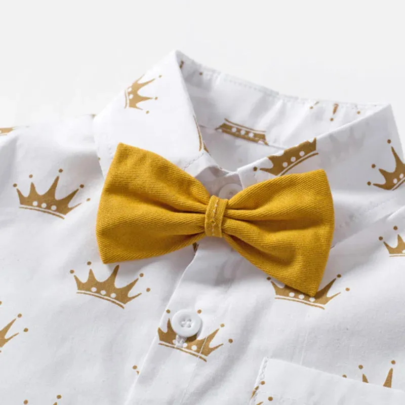 Sets of Summer Crown Print Polo T-Shirt and Shorts Bowtie Children's Clothing for Boy