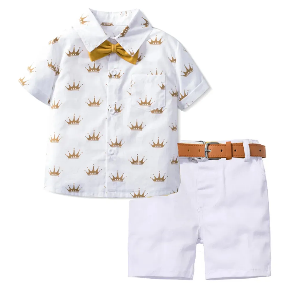 Sets of Summer Crown Print Polo T-Shirt and Shorts Bowtie Children's Clothing for Boy