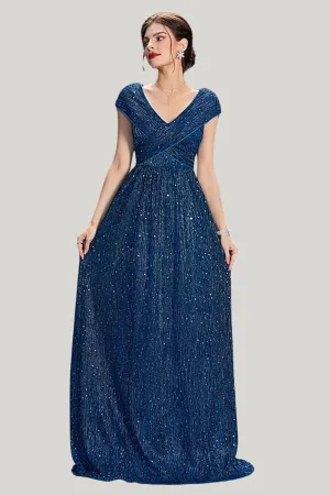 Sparkly A-Line V-Neck Grey Blue Maxi Dress