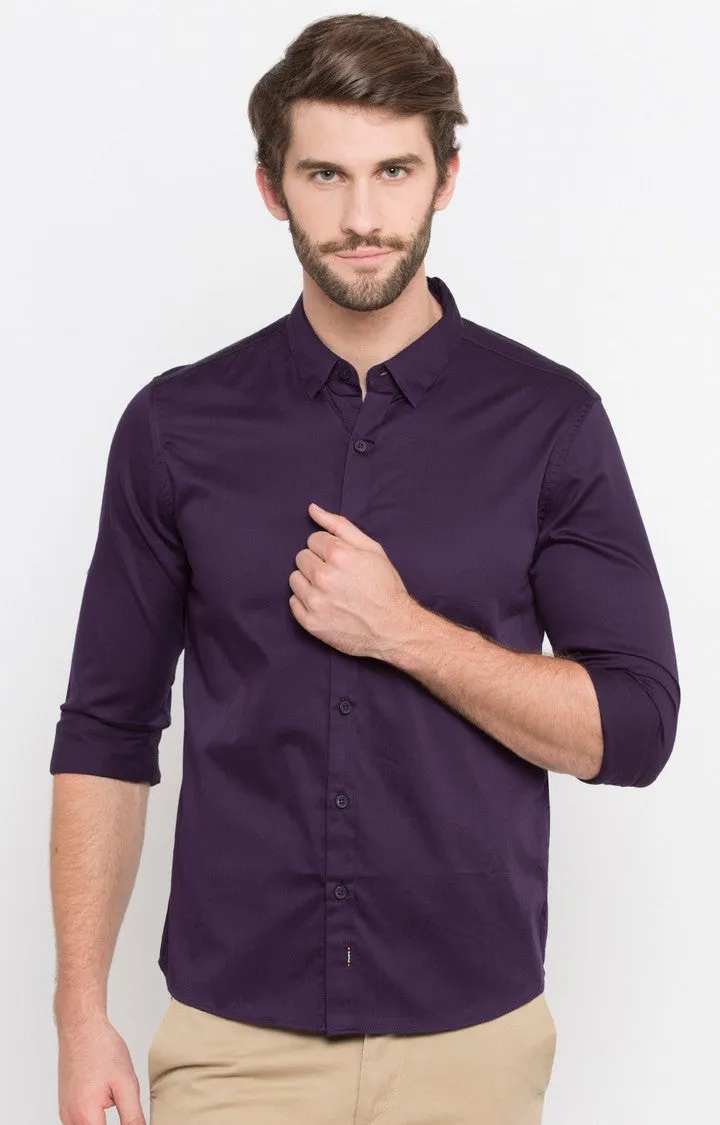 Spykar Men'S Purple Cotton Solid Casual Shirts