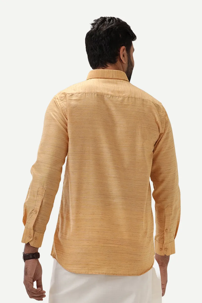 Swaraj - Yellowish Orange Silk Shirts For Men | Uathayam