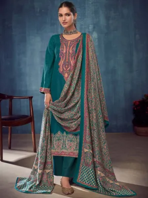 Teal Pashmina Twill Embroidered Unstitched Winter Suits