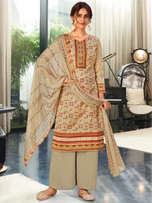 Unstitched Brown Cotton Printed Suit Materials with Dupatta