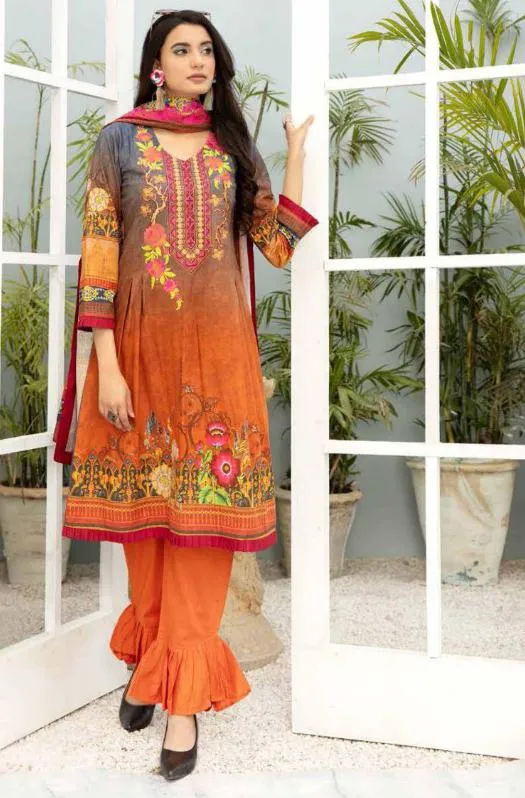 Unstitched Cotton Orange Salwar Suit Pakistani Dress Material