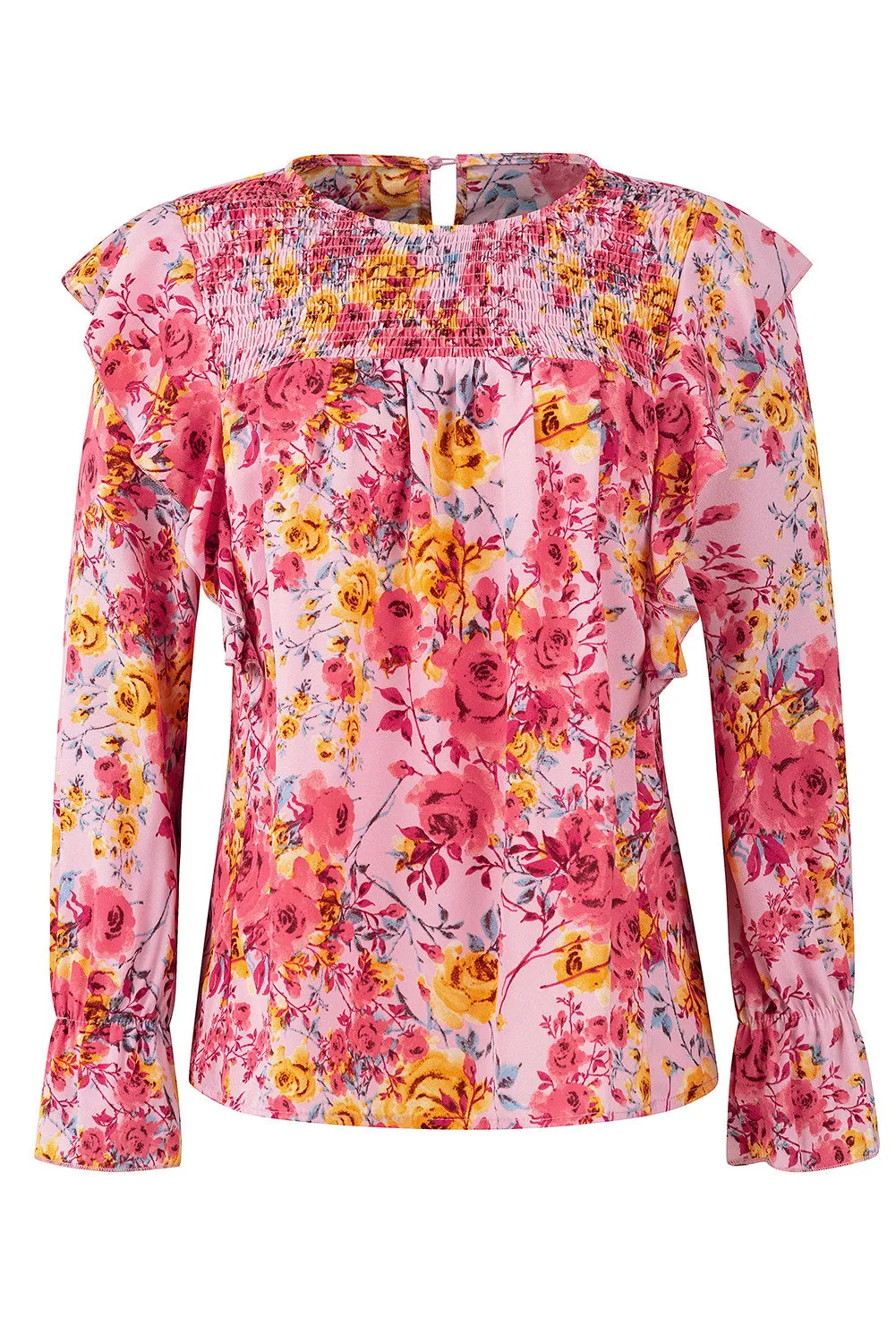 Women Floral Crew Neck Ruffle Sleeve Blouse