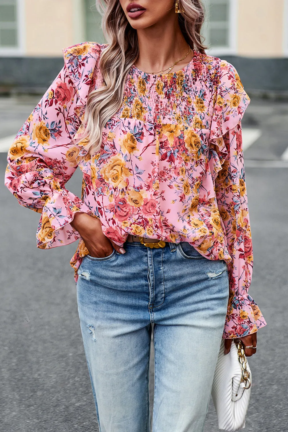 Women Floral Crew Neck Ruffle Sleeve Blouse