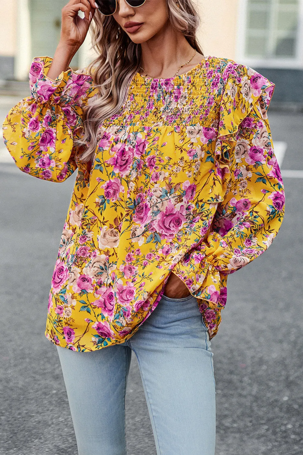 Women Floral Crew Neck Ruffle Sleeve Blouse