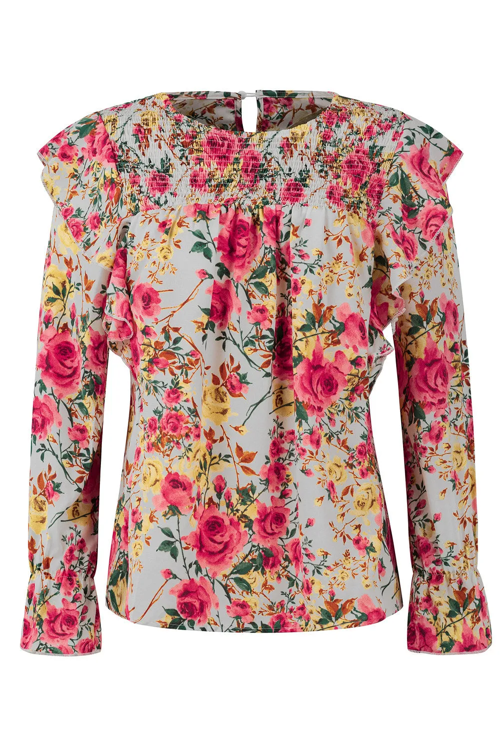 Women Floral Crew Neck Ruffle Sleeve Blouse