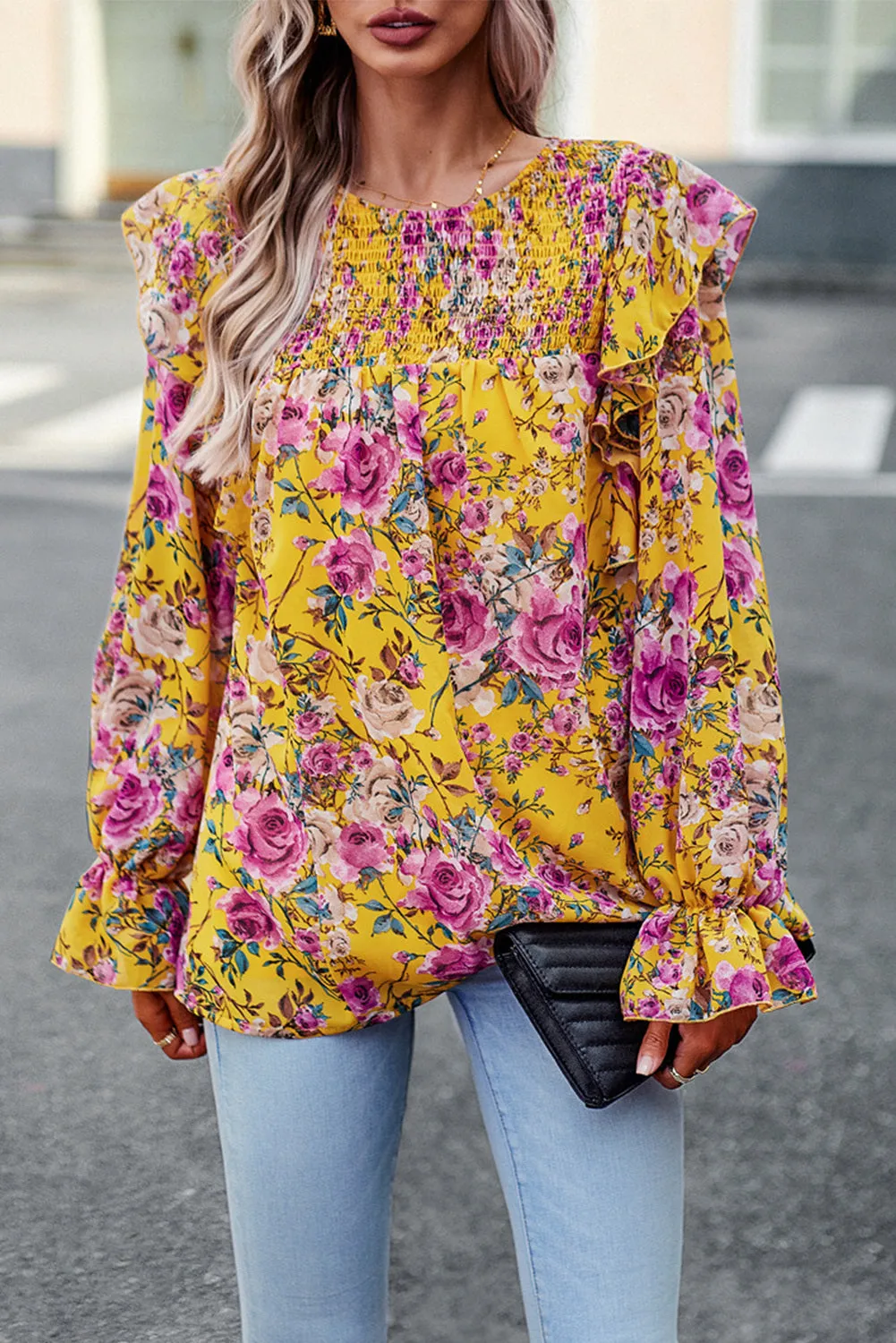 Women Floral Crew Neck Ruffle Sleeve Blouse