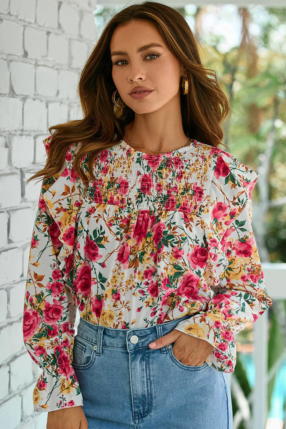 Women Floral Crew Neck Ruffle Sleeve Blouse