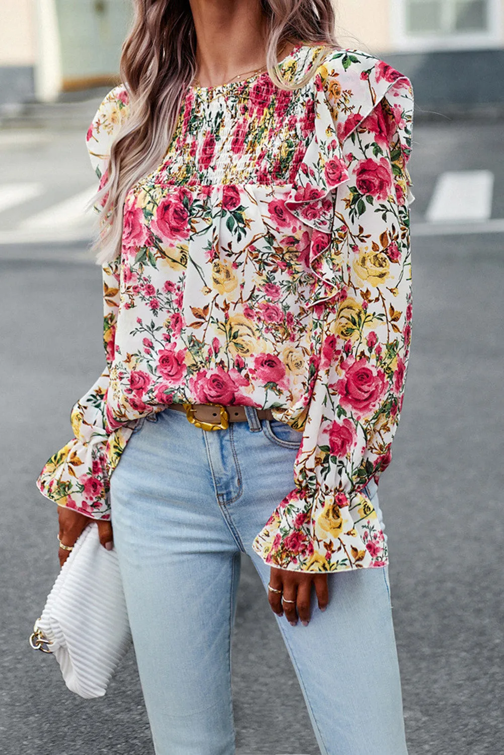 Women Floral Crew Neck Ruffle Sleeve Blouse