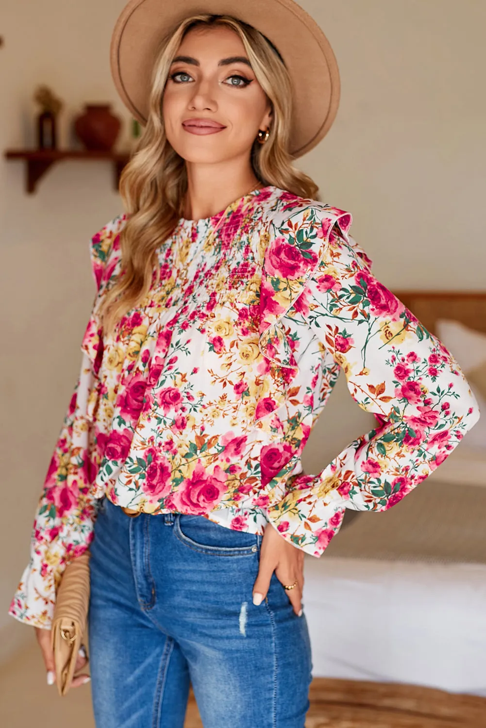 Women Floral Crew Neck Ruffle Sleeve Blouse