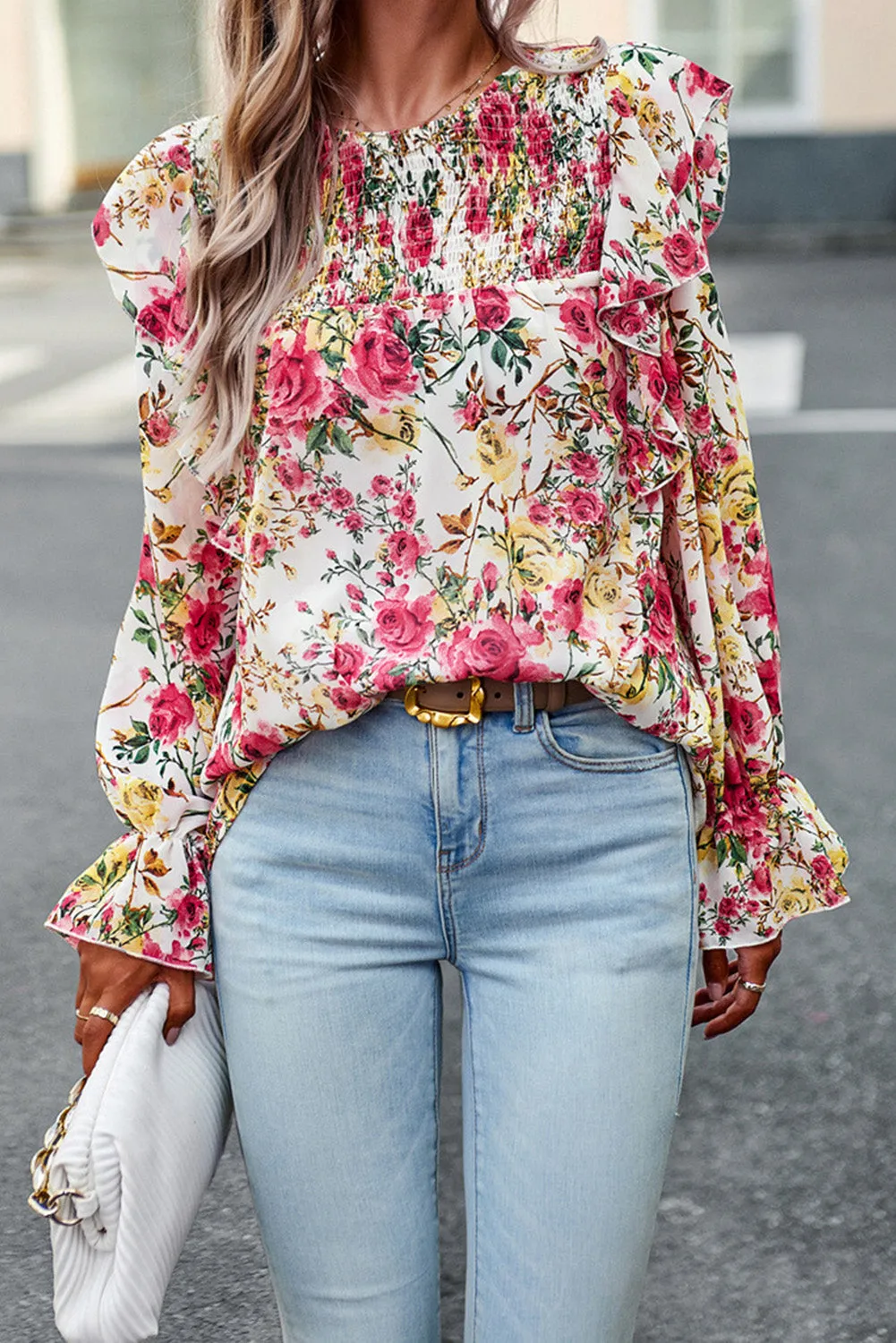 Women Floral Crew Neck Ruffle Sleeve Blouse