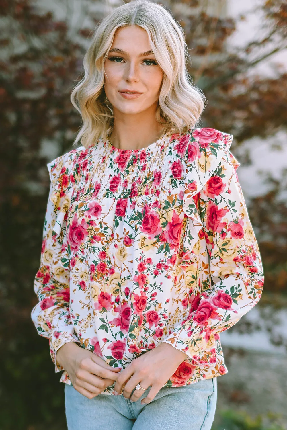 Women Floral Crew Neck Ruffle Sleeve Blouse