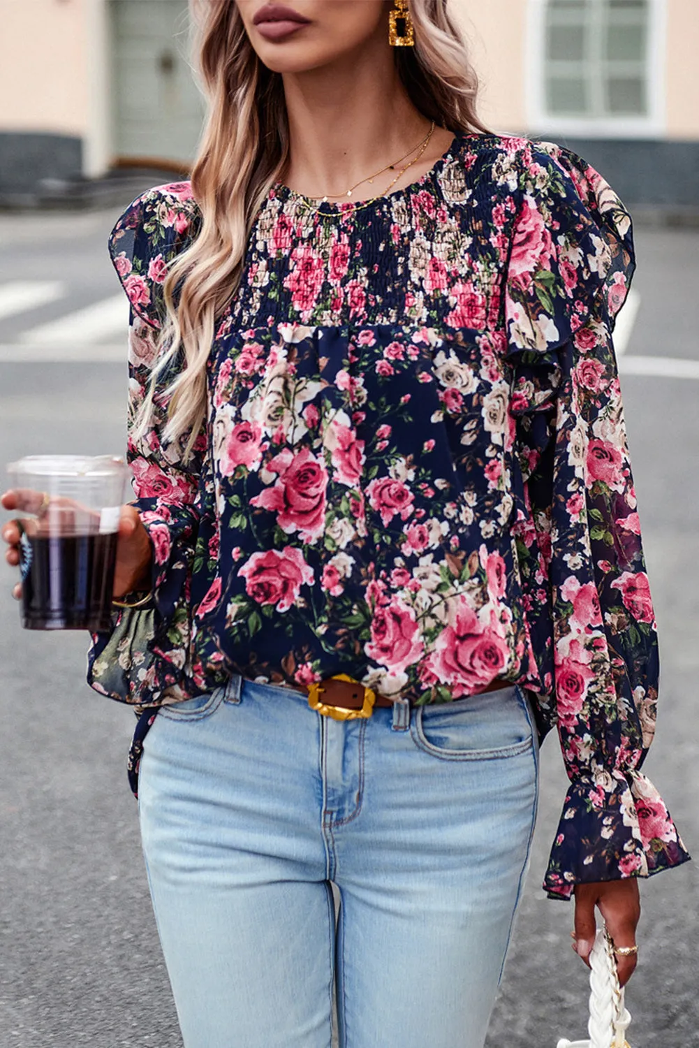 Women Floral Crew Neck Ruffle Sleeve Blouse