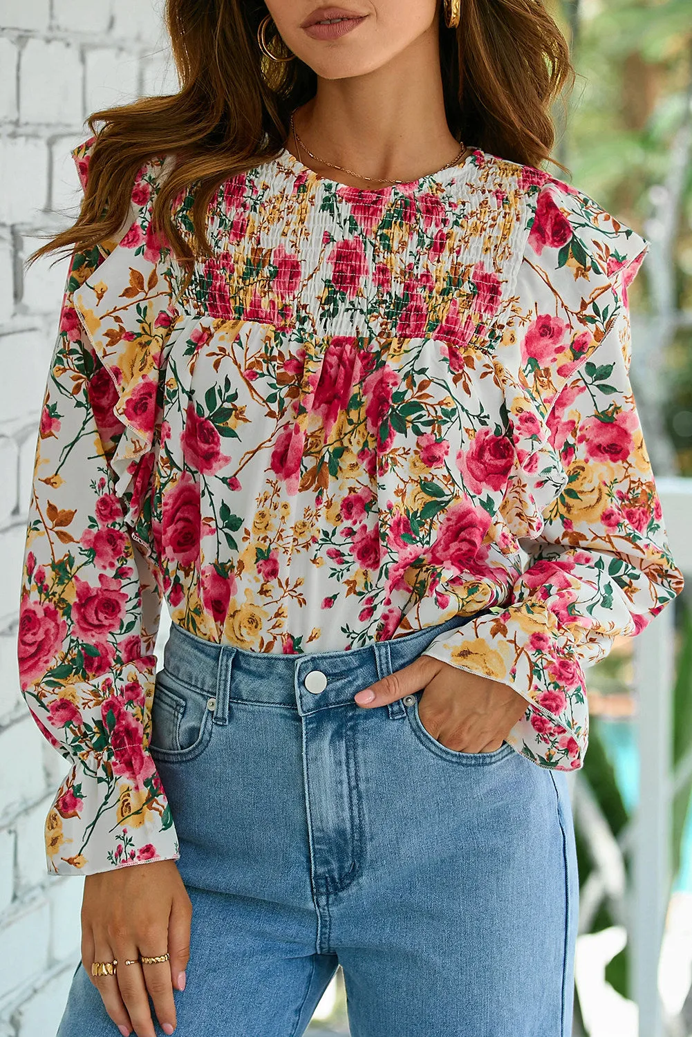 Women Floral Crew Neck Ruffle Sleeve Blouse