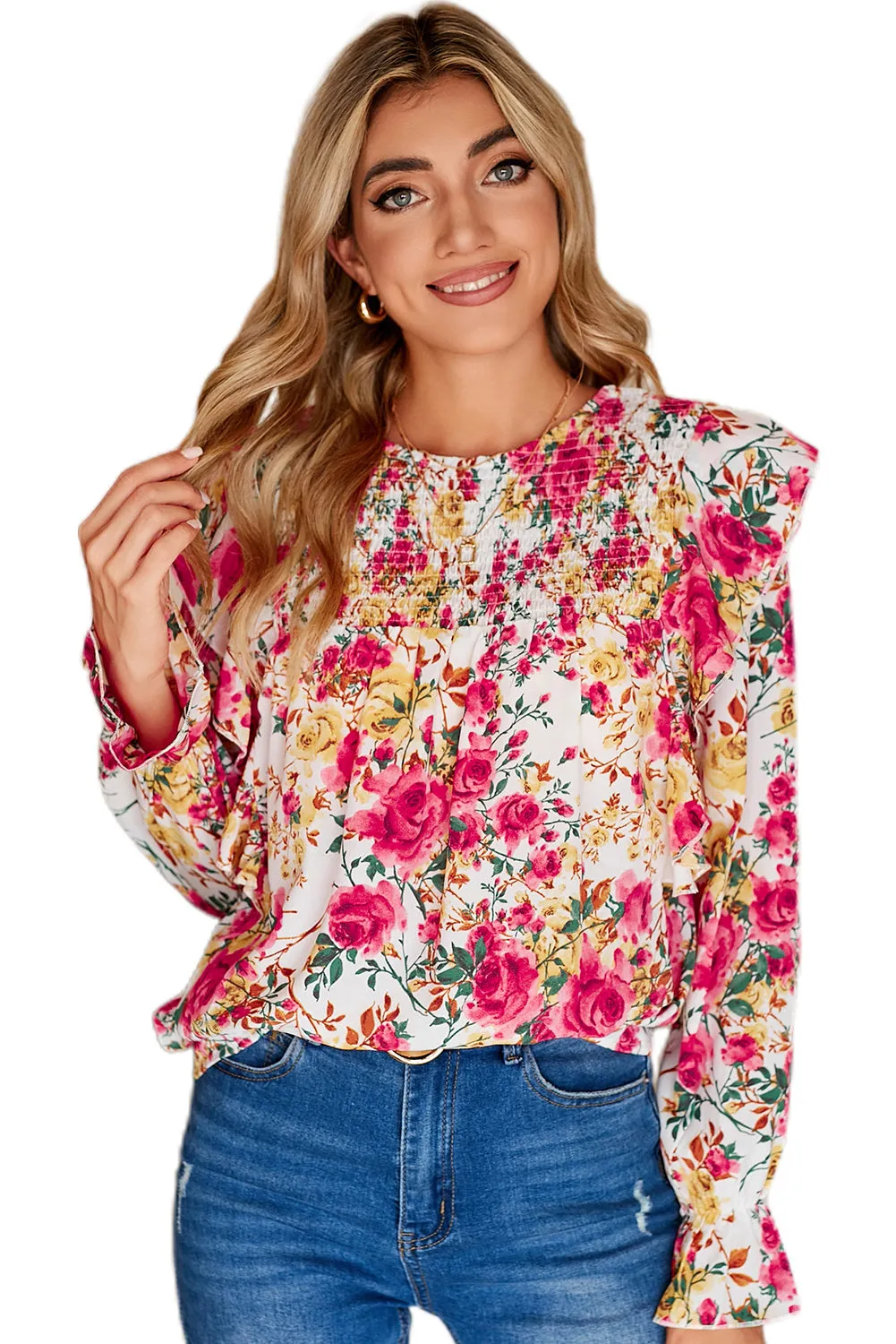 Women Floral Crew Neck Ruffle Sleeve Blouse