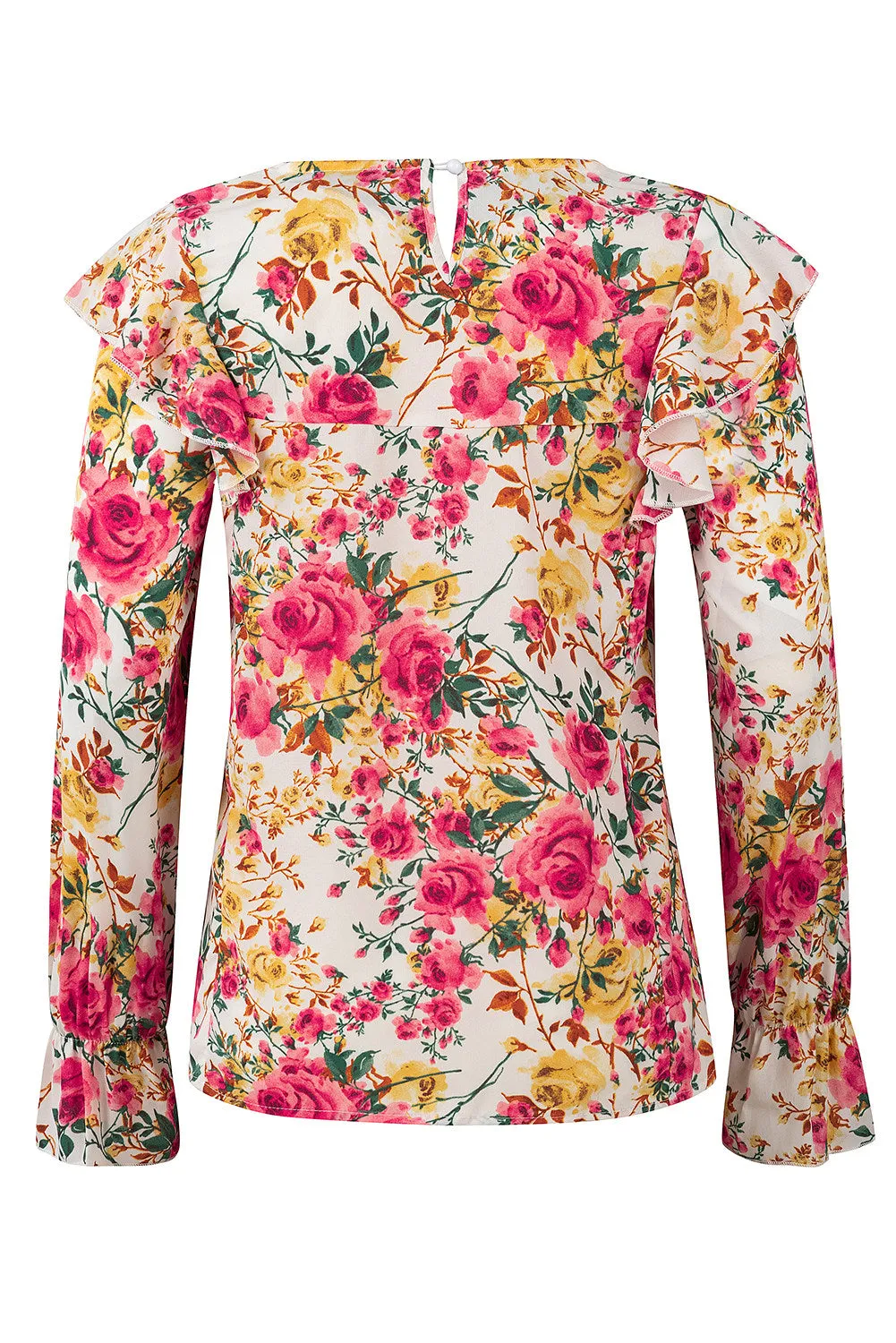 Women Floral Crew Neck Ruffle Sleeve Blouse