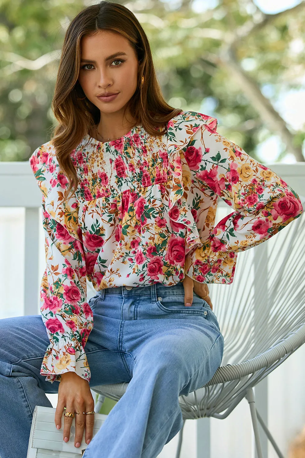 Women Floral Crew Neck Ruffle Sleeve Blouse