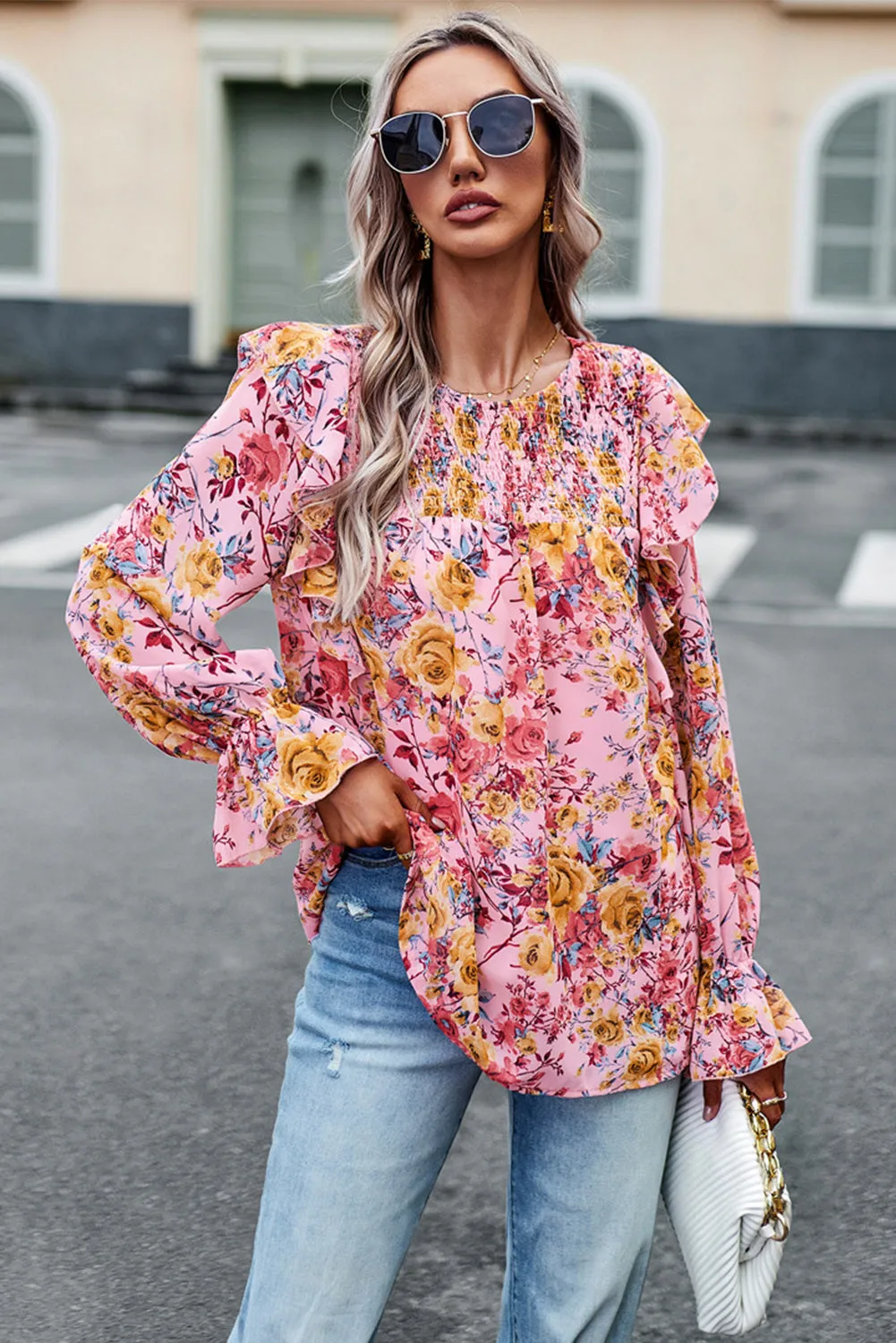 Women Floral Crew Neck Ruffle Sleeve Blouse