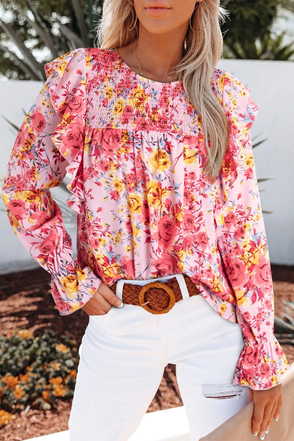 Women Floral Crew Neck Ruffle Sleeve Blouse