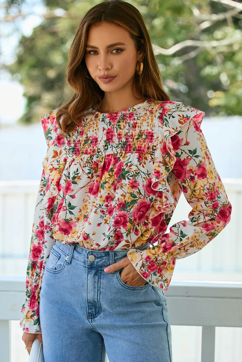 Women Floral Crew Neck Ruffle Sleeve Blouse