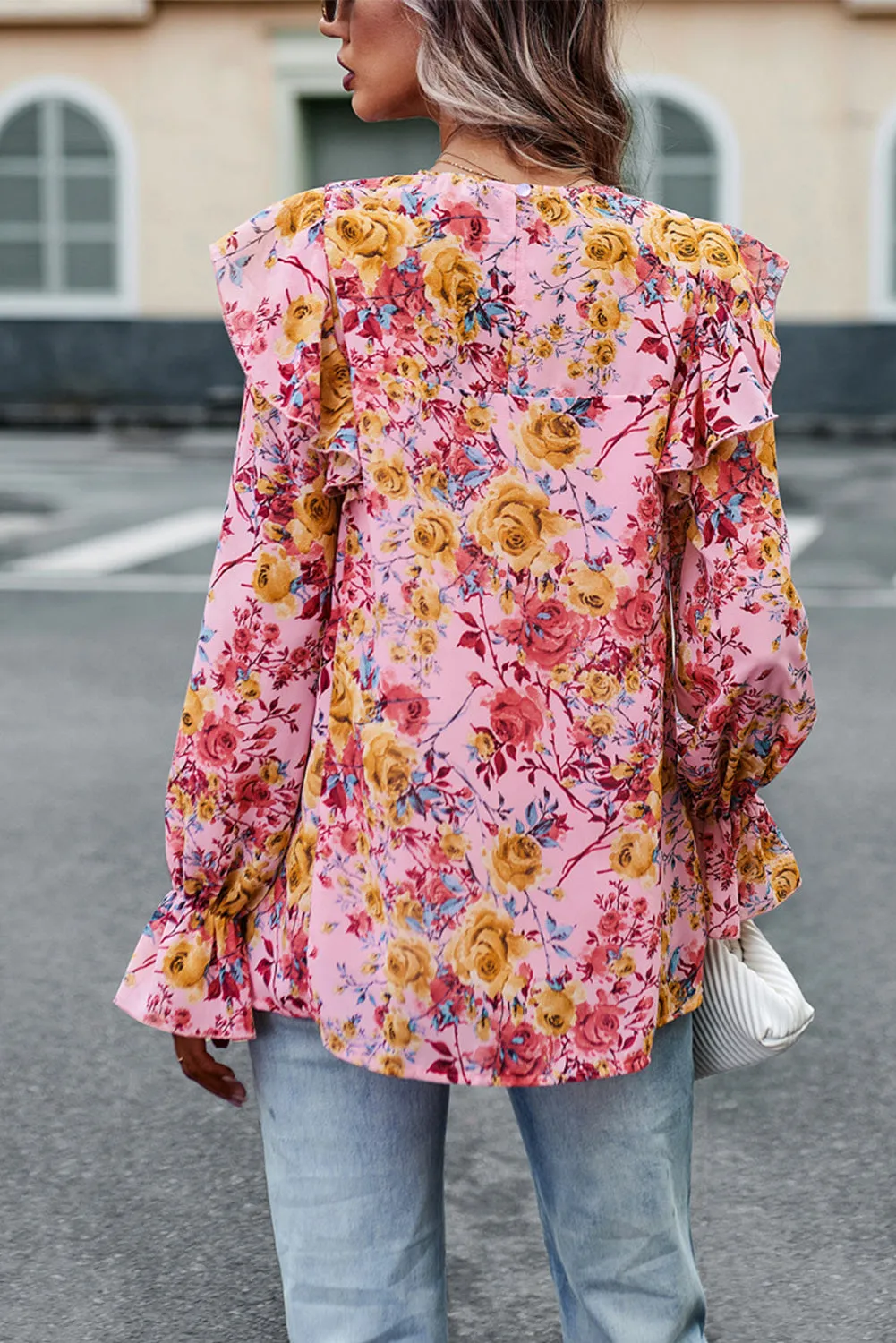 Women Floral Crew Neck Ruffle Sleeve Blouse