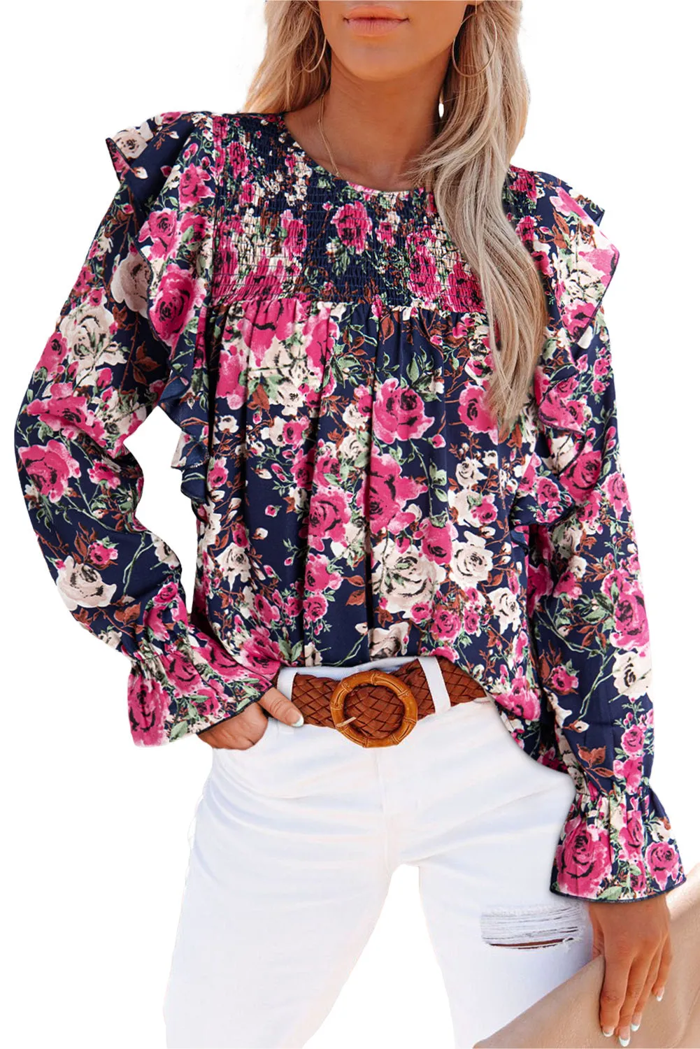 Women Floral Crew Neck Ruffle Sleeve Blouse