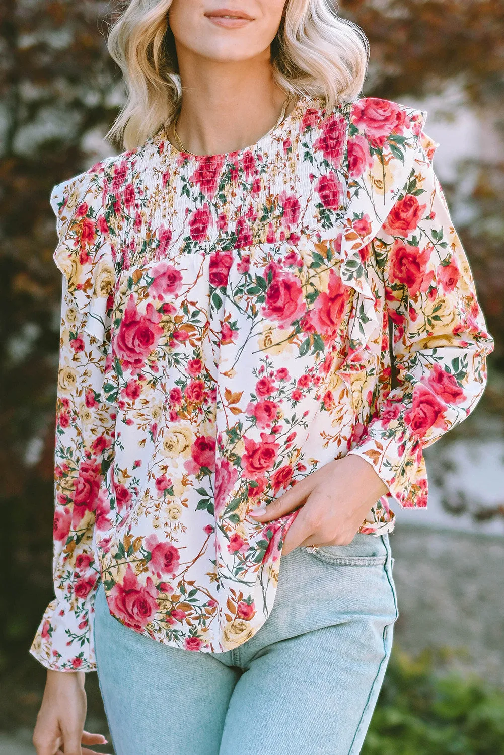 Women Floral Crew Neck Ruffle Sleeve Blouse