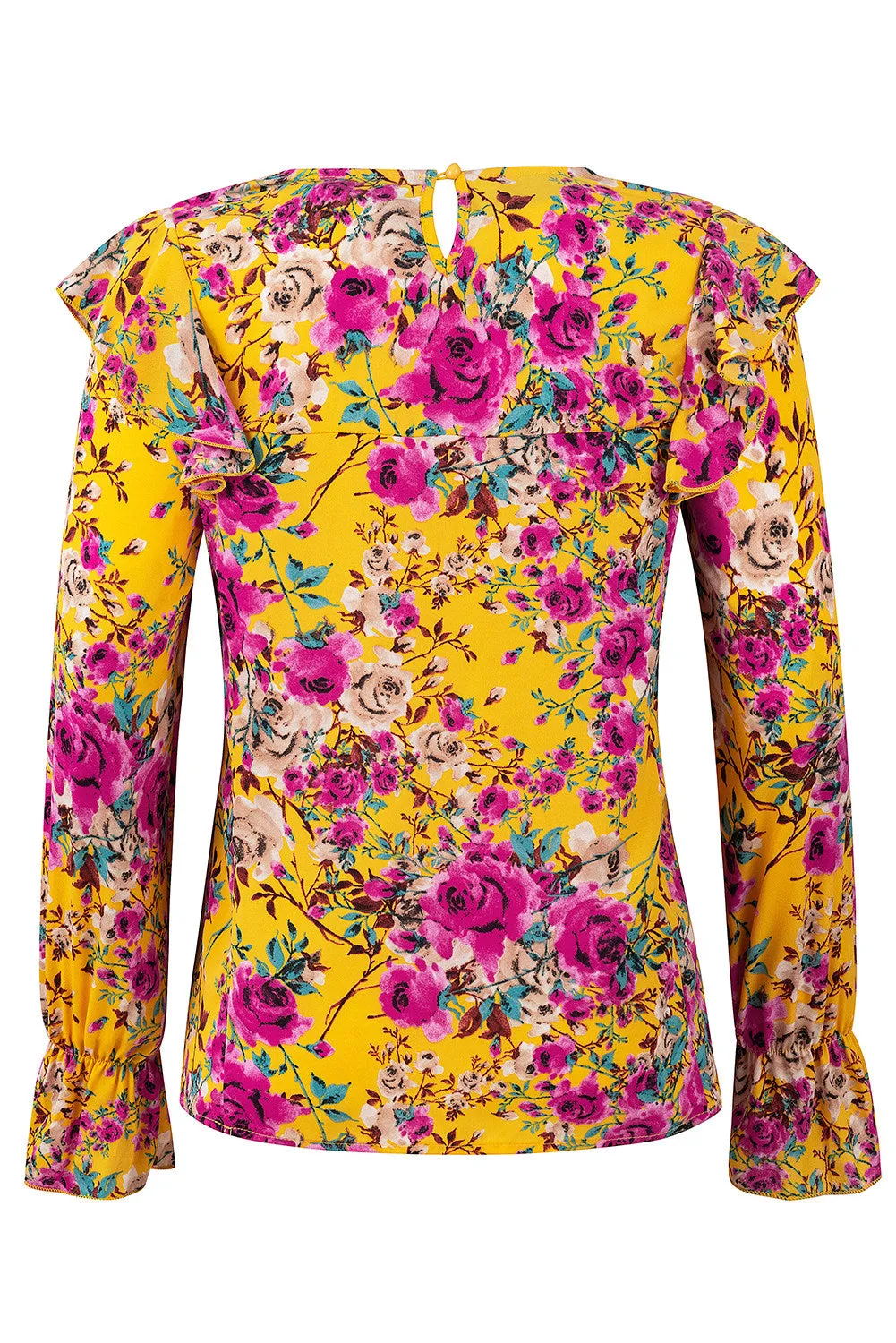 Women Floral Crew Neck Ruffle Sleeve Blouse